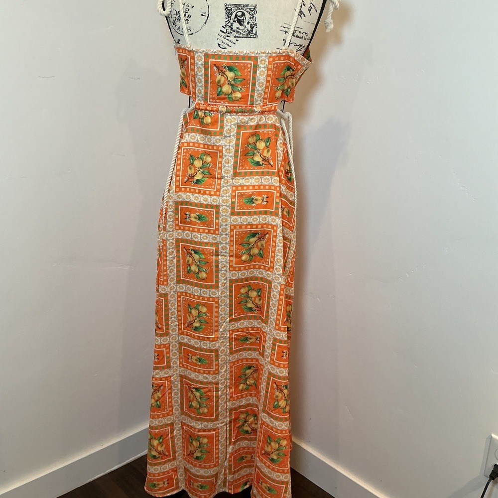 Unbranded Maxi Dress Orange Lemon Print Rope Straps Cut Out Back Small - Picture 4 of 9